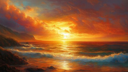 Vibrant Orange Sunset Over Ocean Waves