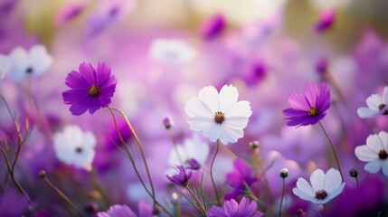 Fototapeta premium White and Purple Cosmos Flowers in a Field
