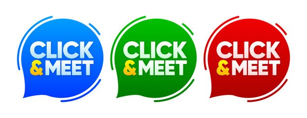 Click and Meet speech bubbles. Person shopping after making appointment. Online concept. Vector illustration.