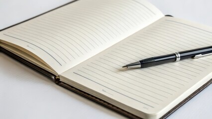 Open Notebook with Pen on White Background