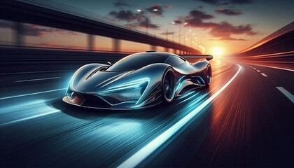 A sleek, futuristic supercar speeding down an empty highway at sunset, with glowing neon lights along the road. The car features a glossy metallic finish with sharp aerodynamic lines, capturing the es