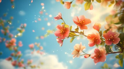 Pink And Orange Flowers Blooming On Branch Against A Bright Sky