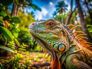 Obraz premium Key Largo Iguana: Panoramic Close-up of Wild Iguana Head and Neck in Florida Woods
