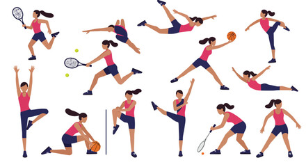 Dynamic sports movements in flat design showcasing athletic poses in vector art