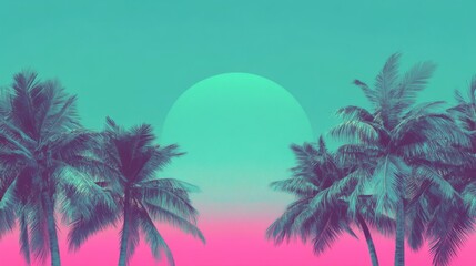 Pixel Art Palm Trees at Sunset with Pink and Teal Gradient