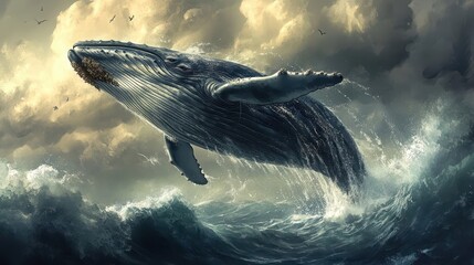Fototapeta premium An enormous whale breaching the ocean surface into cloudy skies