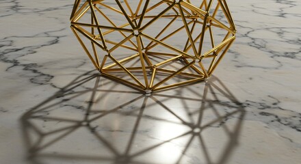 Geometric gold wireframe sculpture casting intricate shadows on a marble surface