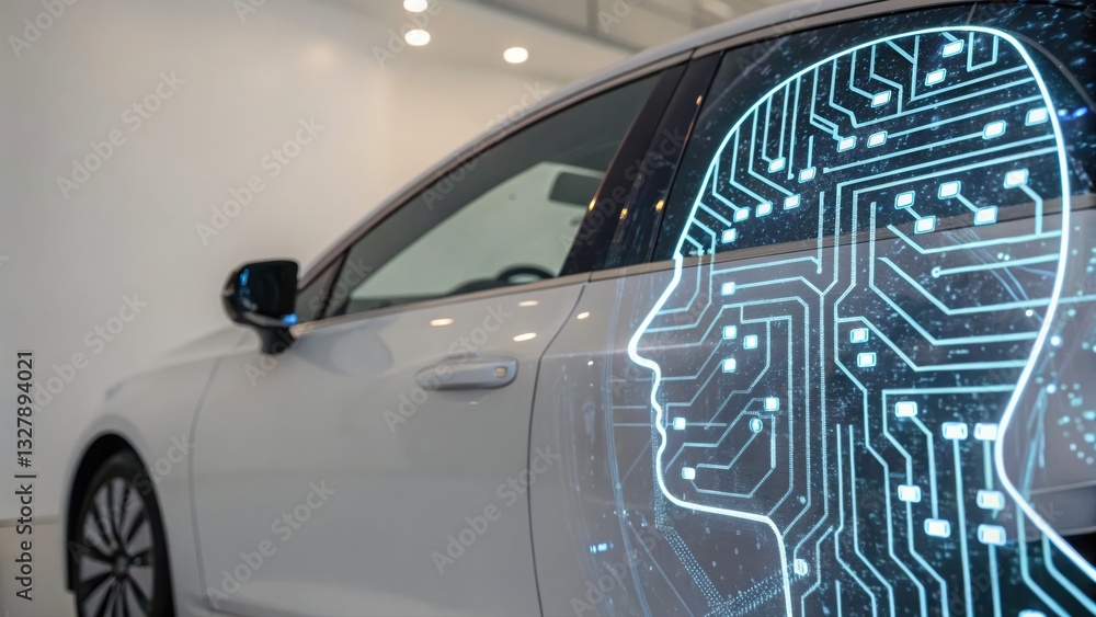 Poster futuristic car design featuring intricate circuit patterns on the side for a high-tech appearance