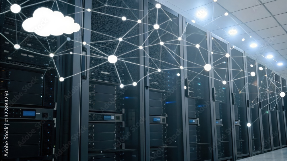 Poster modern server room with numerous servers and efficient cooling systems for optimal data management