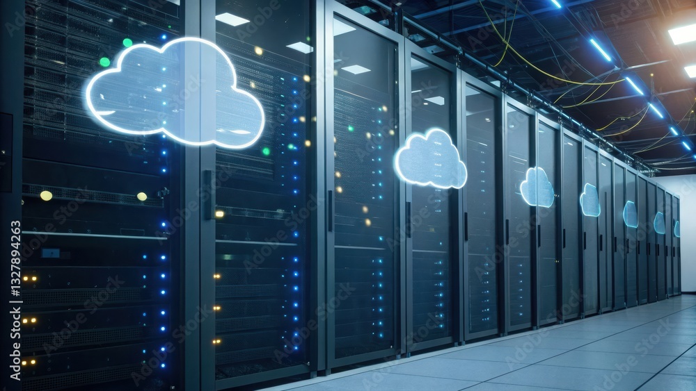 Poster server room featuring cloud computing system with advanced servers and high-speed data connectivity