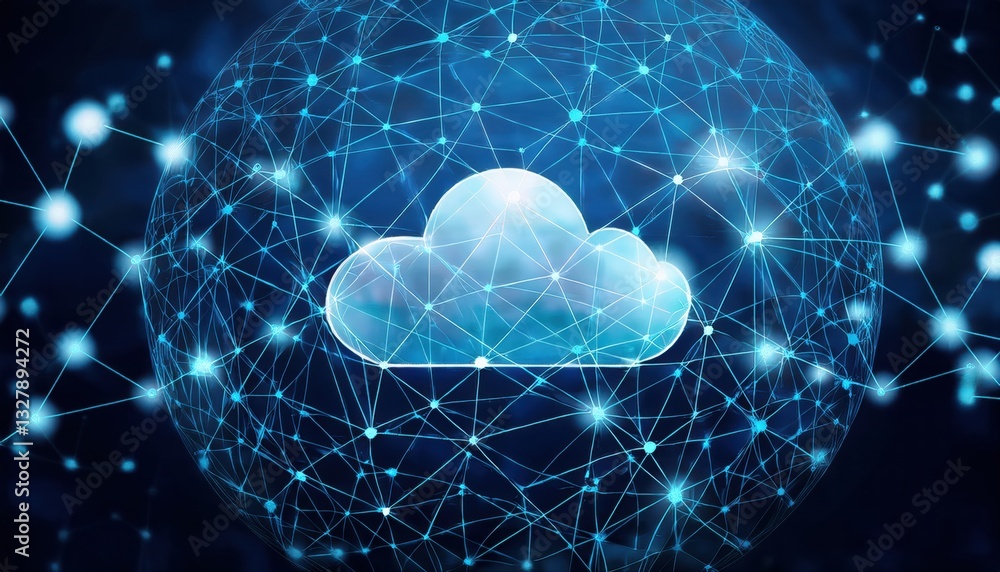 Poster conceptual cloud with connected lines and dots representing data nodes and networking technology
