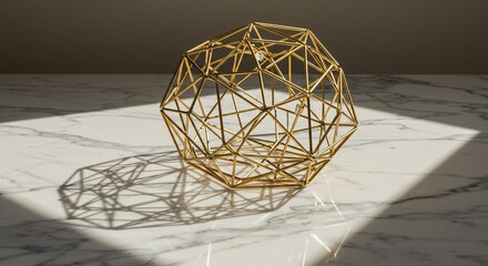 Geometric gold wireframe sculpture casting intricate shadows on a marble surface