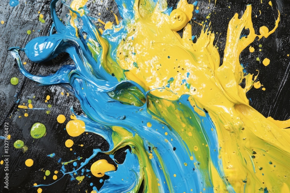 Poster an energetic burst of blue and yellow paint contrasts against a dark surface, creating an abstract d