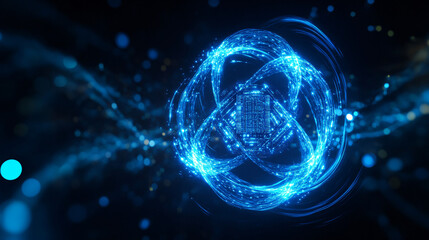 A vibrant, glowing abstract representation of atomic or quantum energy, showcasing intricate patterns and blue light against a dark background.