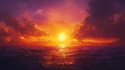 Obraz premium Vibrant Sunset Over the Ocean with Dramatic Clouds