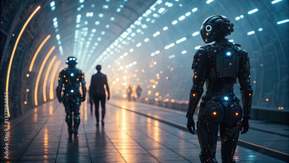 Aufkleber man in futuristic suit depicting cybernetic future vision in a seamless pattern with glowing element