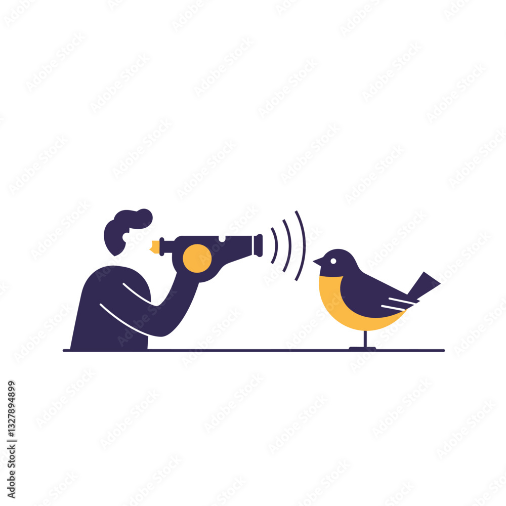 Poster person using a device to observe a bird in flat vector illustration