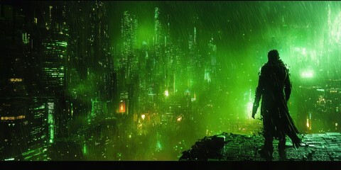 A cloaked figure overlooks a futuristic city in heavy rain