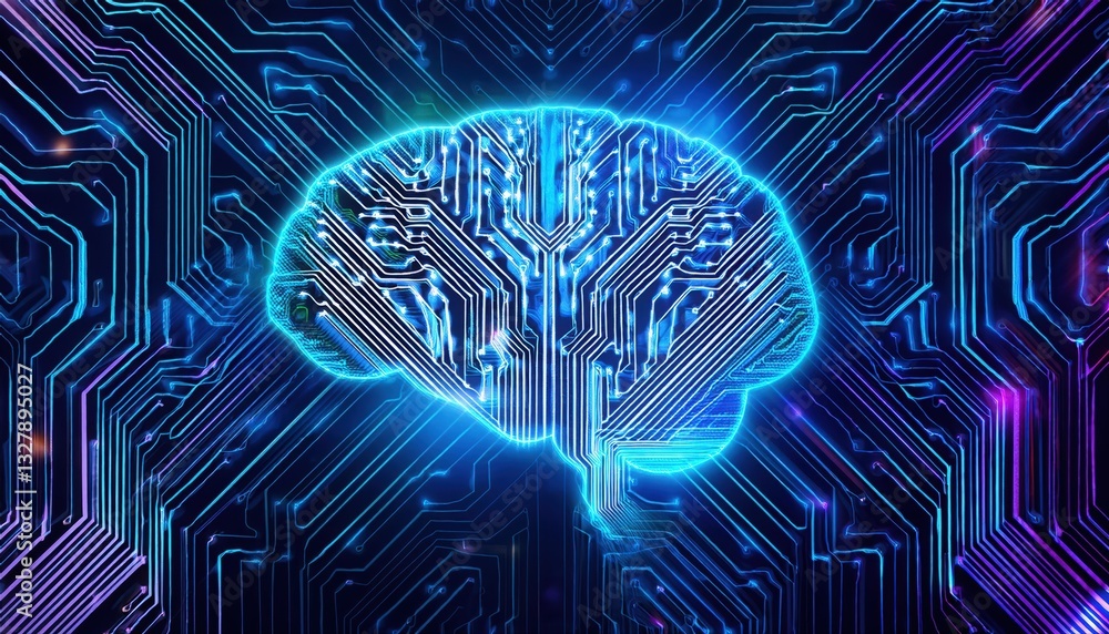 Poster creative visualization of a brain on a circuit board representing digital intelligence and innovatio