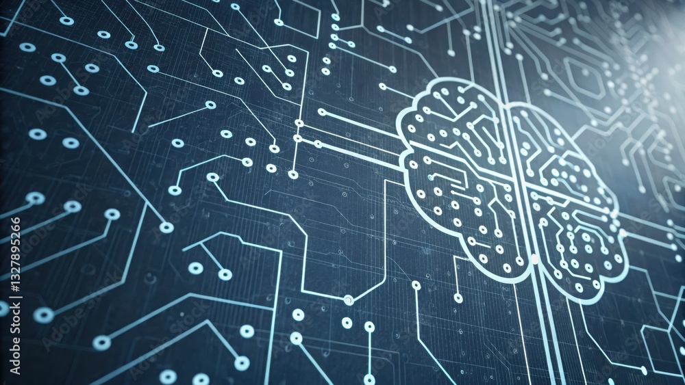 Poster high-tech circuit board featuring a brain design illustrating digital thought process flow and ideas