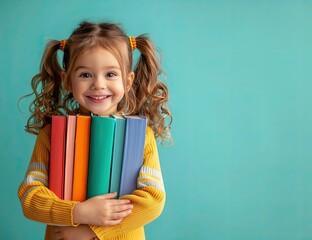 Happy child holding colorful books for Book Day celebrating reading and knowledge
