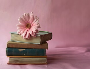 Pink gerbera flower resting on a small stack of hardcover books