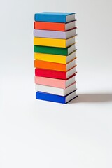 Stack of colorful books forming a rainbow on white background 