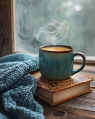 Steaming coffee mug on vintage book by window with cozy blanket