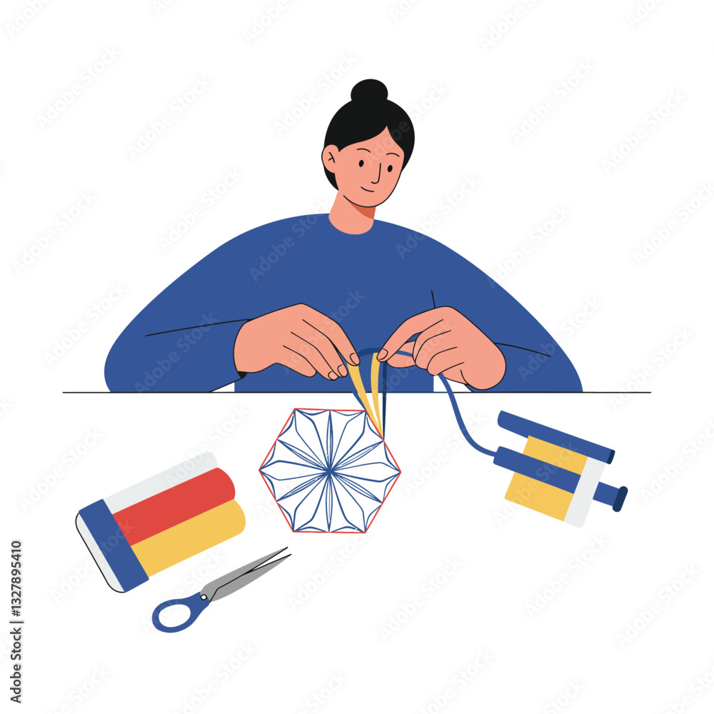 Aufkleber person creating geometric design using crafting tools in flat vector illustration