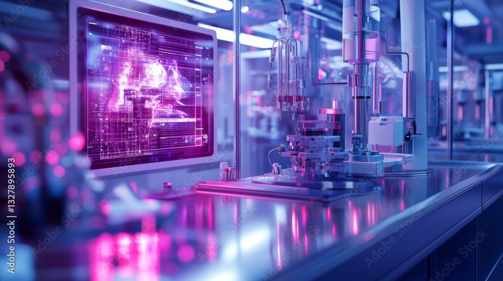 Poster futuristic factory automation: pink and blue digital data display on screen in modern industrial set
