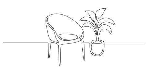 Chair with home plant in continuous one line drawing. Modern room and home furniture in simple Linear style. Editable stroke. Doodle outline vector illustration