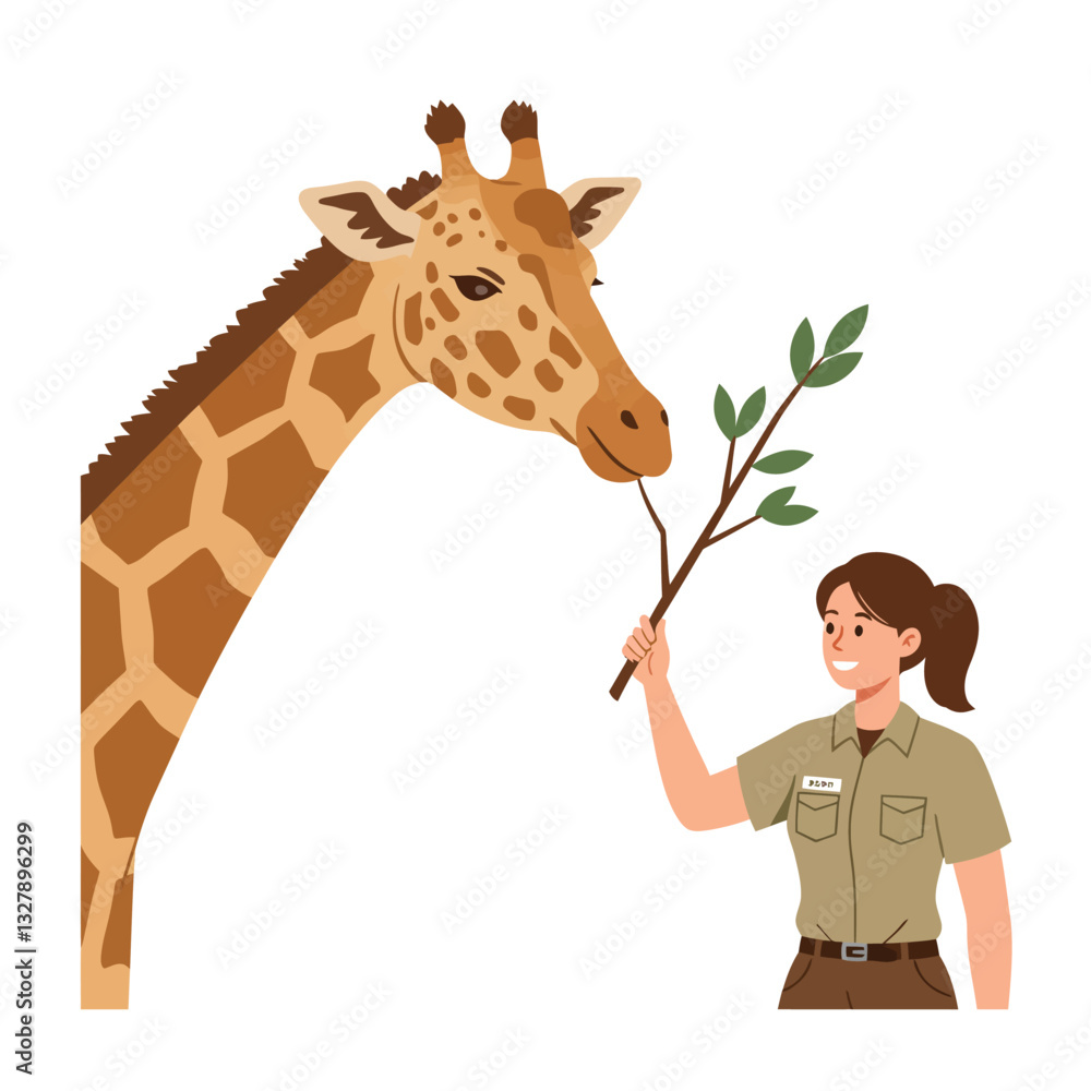Poster giraffe interacting with zookeeper in flat style vector art