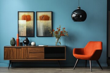 Mid-century modern living room with orange armchair, wood sideboard, and abstract art.