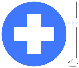 Blue circle with white cross symbolizes healthcare, aid, or medical services. Minimalist hand and dotted lines emphasize interaction, support, partnership, and assistance. Ideal for health, safety