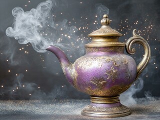 ornate genie lamp, purple and gold, magical aura, smoke, detailed design, fantasy setting