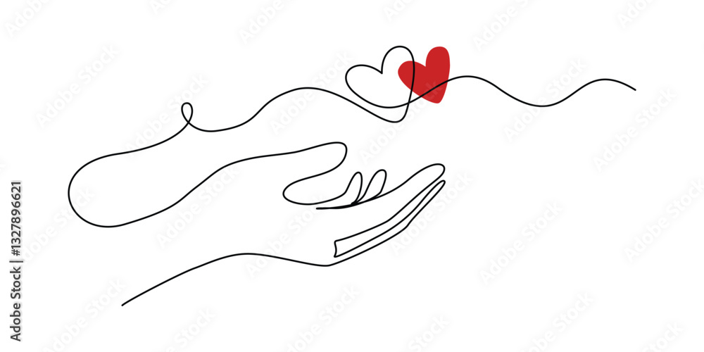 Poster one continuous line drawing of hands holding heart. concept of love relationship and volunteer organ