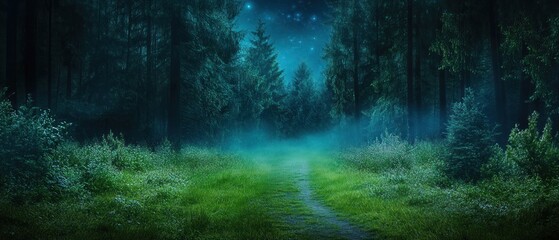 Enchanted Forest Path at Night: A Mystical Journey Under the Stars