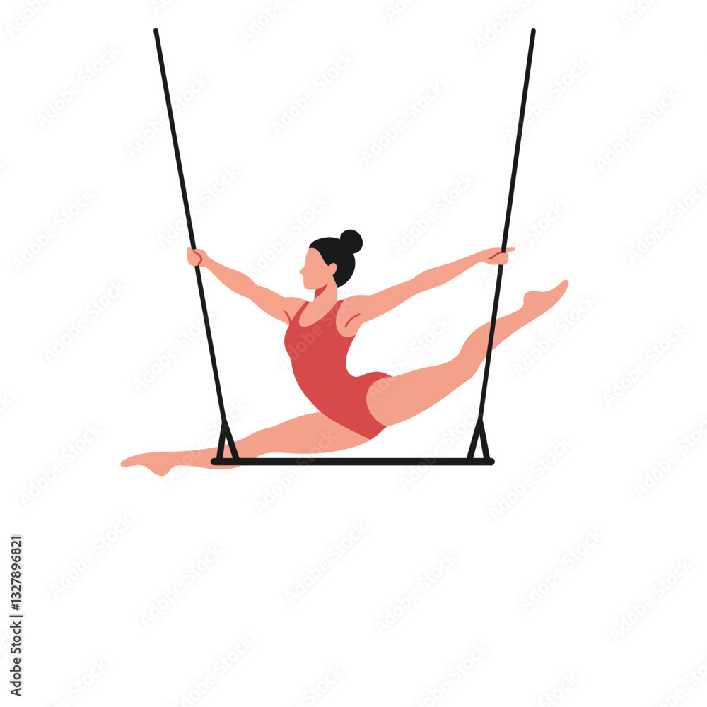 Poster gymnast performing an elegant split on trapeze in minimal flat vector art