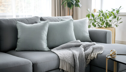 Fototapeta premium Comfortable gray sofa with pillows and blanket in living room. Interior design