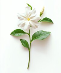 Fototapeta premium Elegant white flower with tender green leaves arranged on a soft white background, showcasing natural beauty and simplicity in a minimalist style