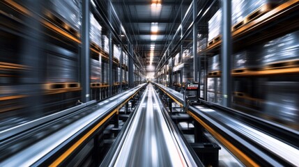 Fototapeta premium Automated Warehouse Conveyor System with Motion Blur