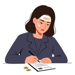 Woman with bandage writing a report in minimal vector illustration