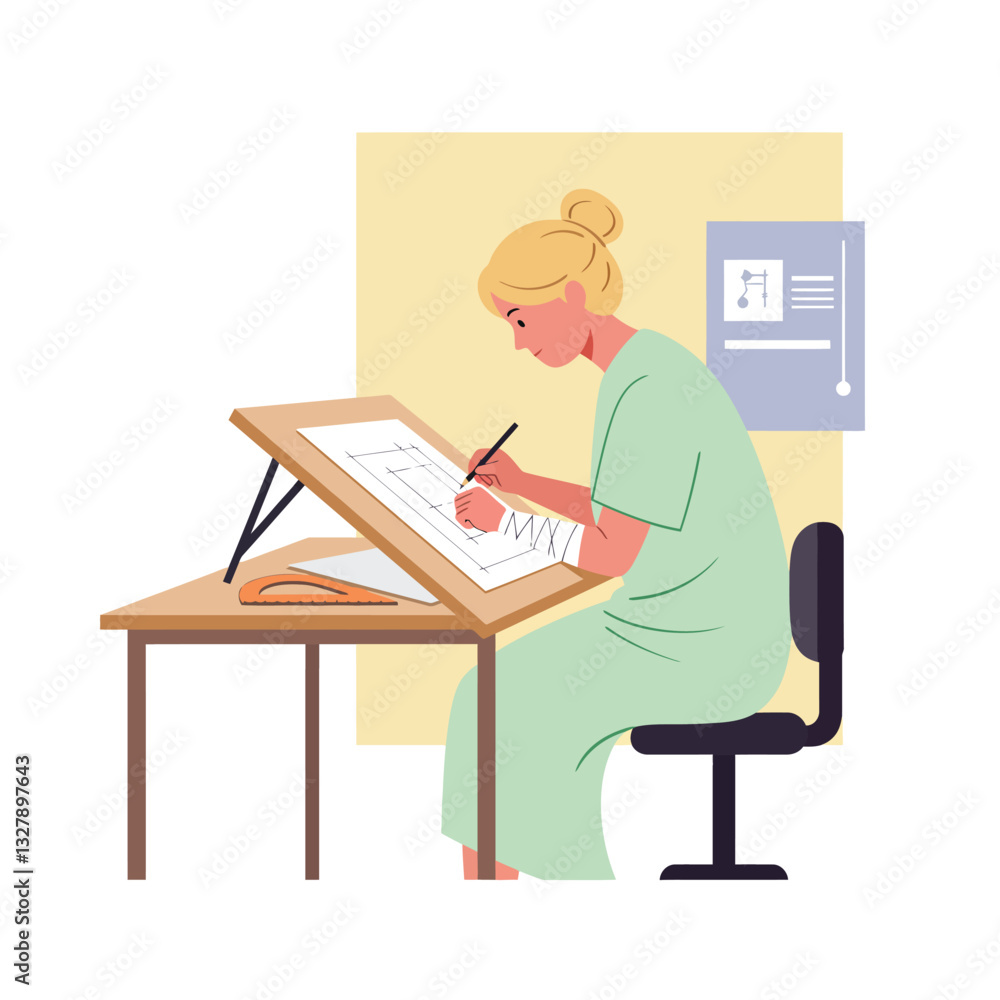 Poster creative designer working at drafting table in flat minimal vector art