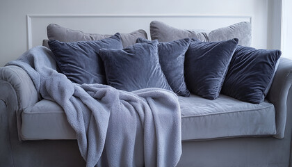 Comfortable gray sofa with pillows and blanket in living room. Interior design