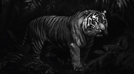 Obraz premium Black And White Tiger In Dark Forest