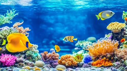 Naklejka premium Colorful fish swimming amongst vibrant coral in a serene underwater scene
