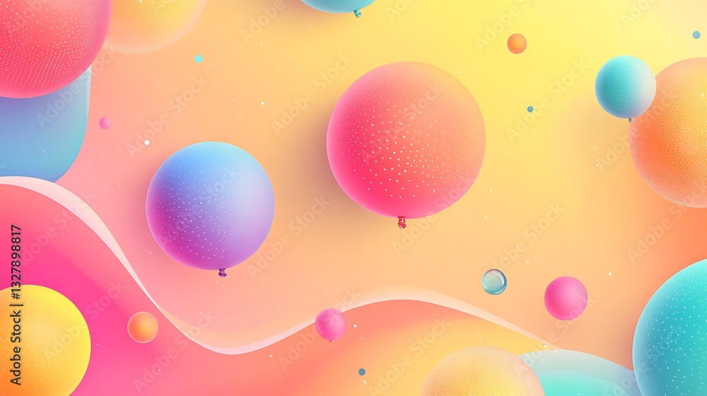 Poster colorful abstract background features floating spheres and wavy shapes