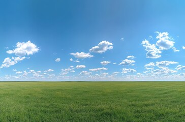 Obraz premium Expansive Green Field Under Bright Blue Sky with Fluffy Clouds and Endless Horizon in Sunny Daylight Setting