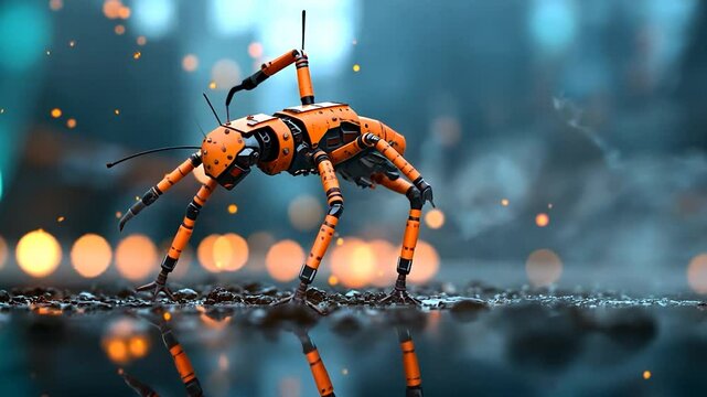 A futuristic robotic insect exploring a vibrant, blurred urban landscape at dusk