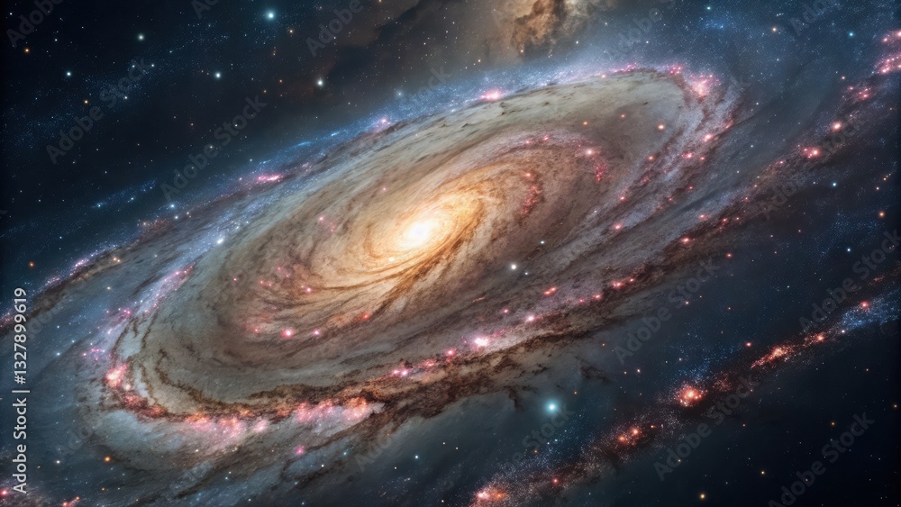 Poster captivating spiral galaxy featuring dynamic swirls and dazzling stars in an expanding universe